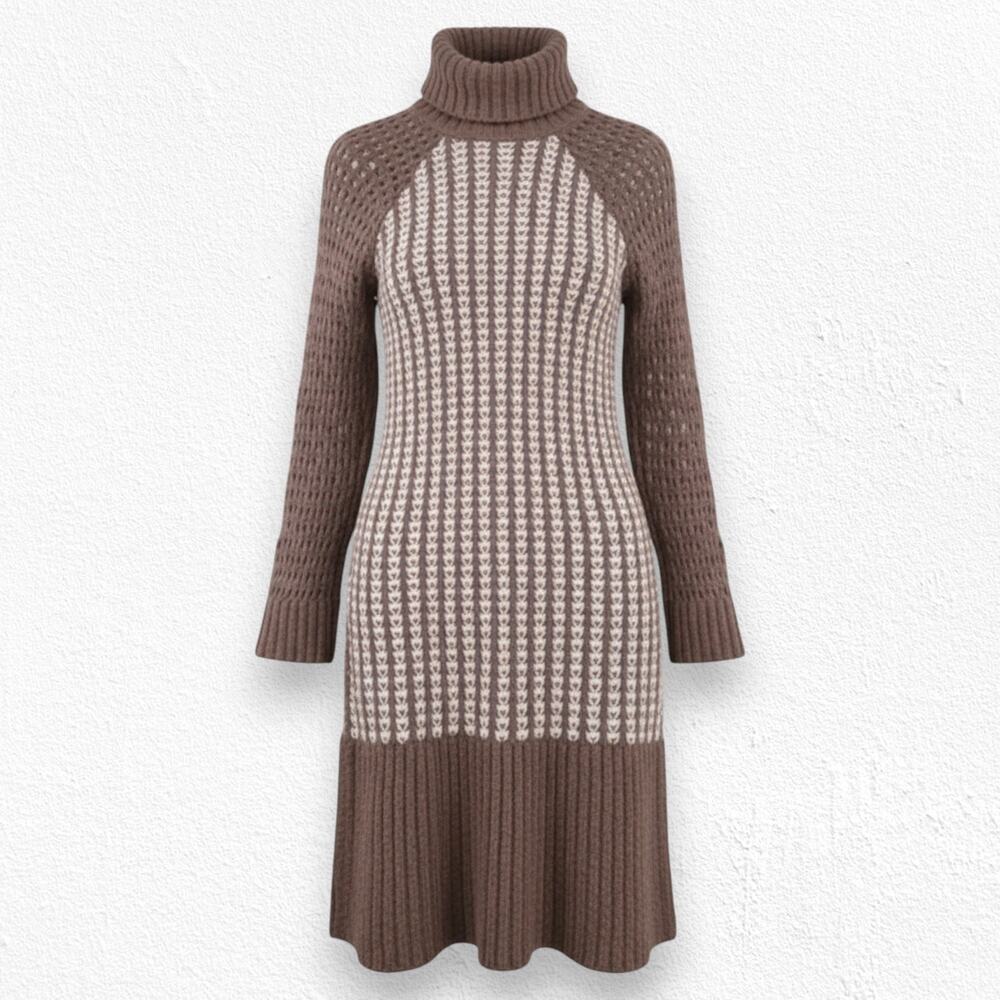 byTiMo Brown Cream Alpaca Blend Turtleneck Knit Maxi Sweater Dress Size Small
